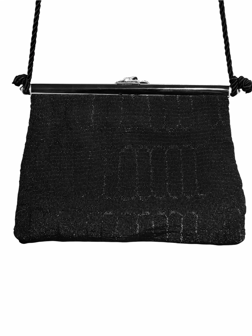 Vintage Black Micro Beaded Evening Bag Rhinestone Cherry Clasp Clutch